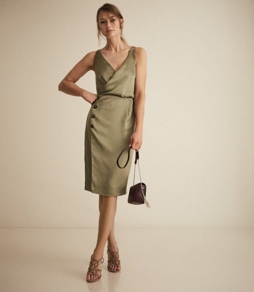 REISS PEPPA BUTTON DETAIL DRESS GREEN ~ luxe satin pencil dresses - flipped