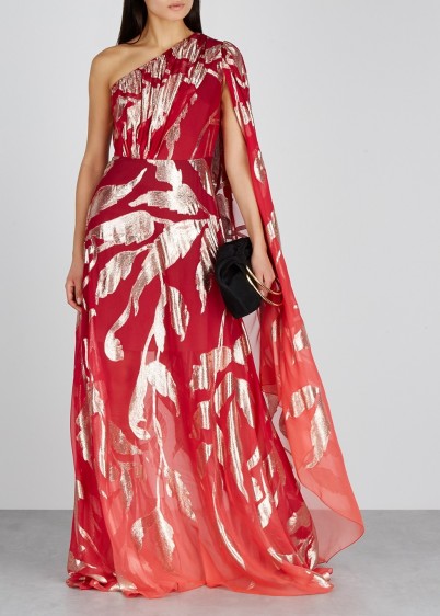 PETER PILOTTO Red jacquard silk-blend gown ~ metallic foliage prints