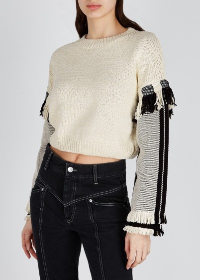 3.1 PHILLIP LIM Dark ivory cotton-blend jumper | cropped fringe trimmed sweater | neutral knitwear