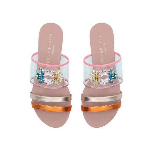 KURT GEIGER LONDON PIA VINYL SANDAL in pink combination / Embellished Perspex Flat Sandals / luxe flats - flipped