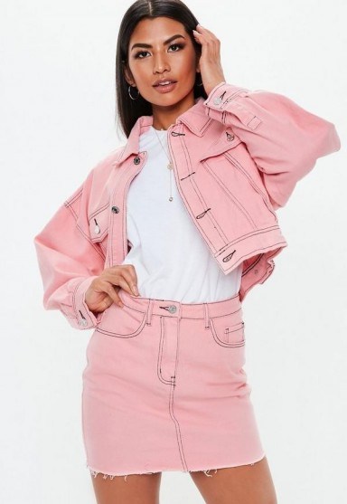 MISSGUIDED pink denim raw hem contrast stitch co ord micro mini skirt - flipped