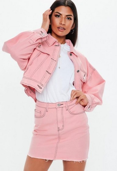 MISSGUIDED pink denim raw hem contrast stitch co ord micro mini skirt