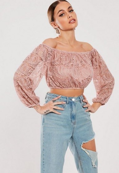 MISSGUIDED pink lace puff sleeve bardot crop top ~ off the shoulder tops - flipped
