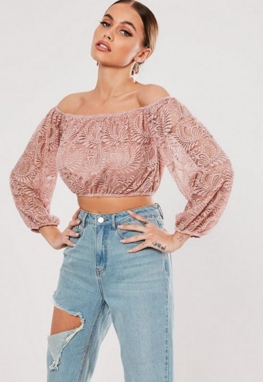 MISSGUIDED pink lace puff sleeve bardot crop top ~ off the shoulder tops