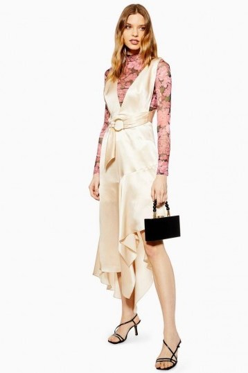 TOPSHOP Plain Scarf Pinafore Dress in Champagne – slinky fabric – silky fashion - flipped