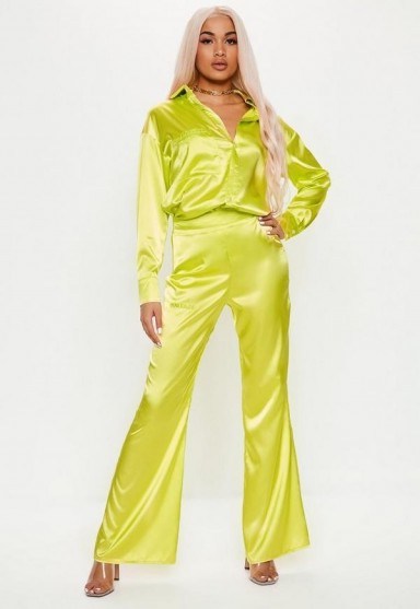 playboy x missguided lime wide leg trousers ~ yellow-green pants - flipped
