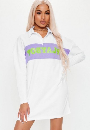 playboy x missguided white neon slogan panel rugby dress ~ sporty style fashion - flipped