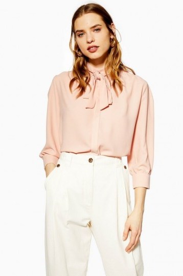 Topshop Pleat Tie Neck Shirt in Pink | pussy bow blouses - flipped