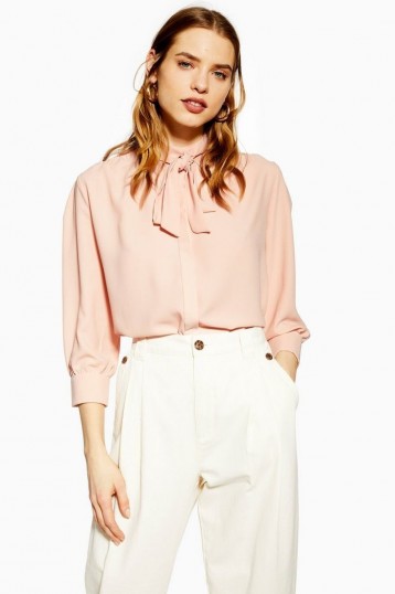 Topshop Pleat Tie Neck Shirt in Pink | pussy bow blouses