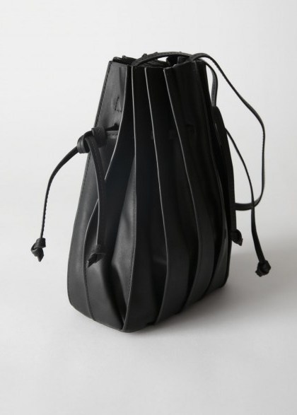 STORIES Pleated Leather Bucket Bag in Black | drawstring bags - flipped