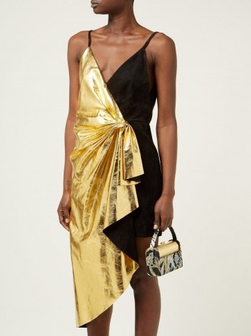 GUCCI Pleated metallic-leather and suede mini dress ~ gold dresses - flipped