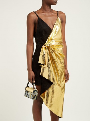 GUCCI Pleated metallic-leather and suede mini dress ~ gold dresses