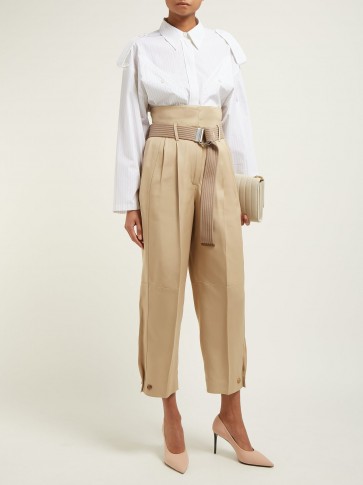 GIVENCHY Pleated-waist high-rise twill trousers in beige ~ tailored crop leg pants