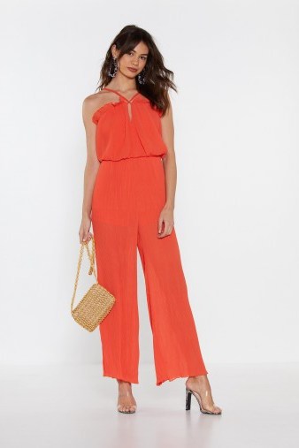 NASTY GAL Plissé Don’t Stop the Music Wide-Leg Jumpsuit in Orange – vibrant going out fashion - flipped