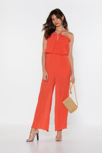 NASTY GAL Plissé Don’t Stop the Music Wide-Leg Jumpsuit in Orange – vibrant going out fashion