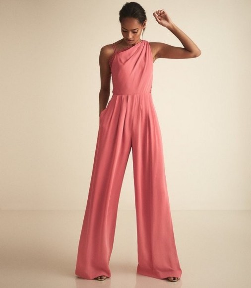 REISS POLLY ASYMMETRIC SHOULDER WIDE LEG JUMPSUIT CORAL ~ tailored event clothing - flipped