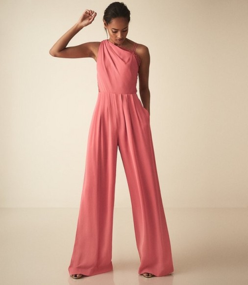 REISS POLLY ASYMMETRIC SHOULDER WIDE LEG JUMPSUIT CORAL ~ tailored event clothing