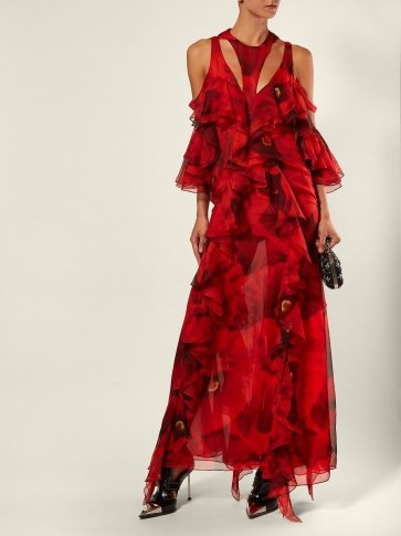 ALEXANDER MCQUEEN Poppy-print ruffled gown in red ~ event statement clothing - flipped