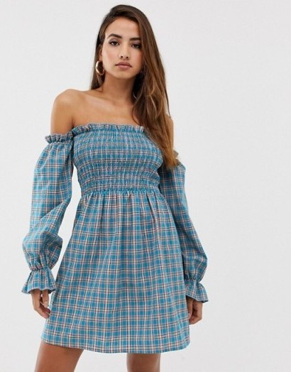 PrettyLittleThing bardot dress with shirred panel and gathered sleeve in blue check | smocked off the shoulder dresses - flipped