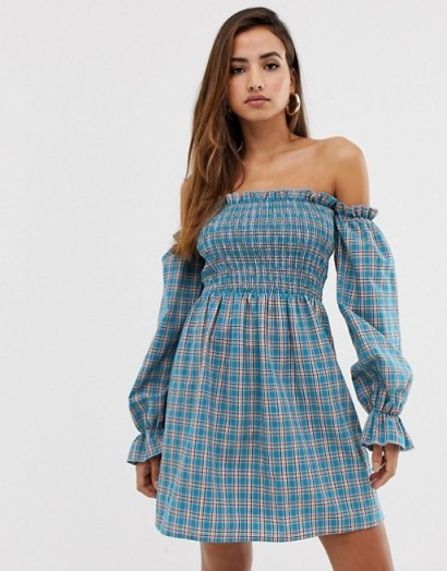 PrettyLittleThing bardot dress with shirred panel and gathered sleeve in blue check | smocked off the shoulder dresses