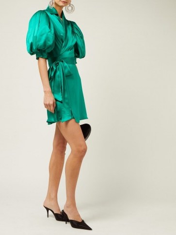 ALESSANDRA RICH Puff-sleeve silk-charmeuse wrap dress in green ~ oversized puffed sleeves - flipped