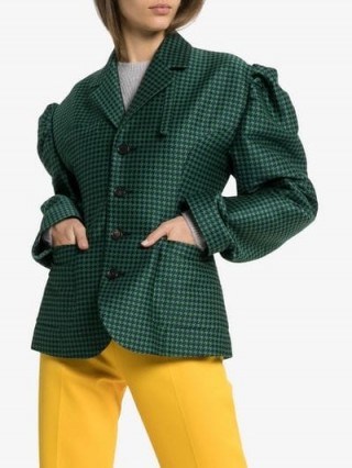 PushBUTTON Check-Print Puff-Sleeve Cotton-Blend Blazer in Green and Navy / oversized puffed sleeves - flipped