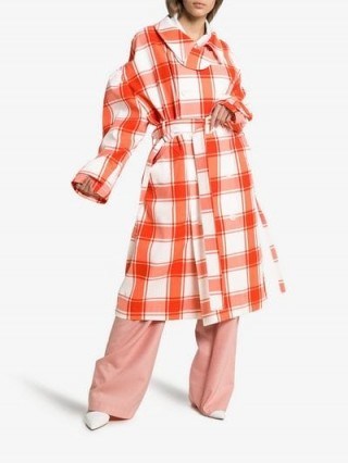 PushBUTTON Check-Print Puff-Sleeve Trench Coat in Red and White - flipped