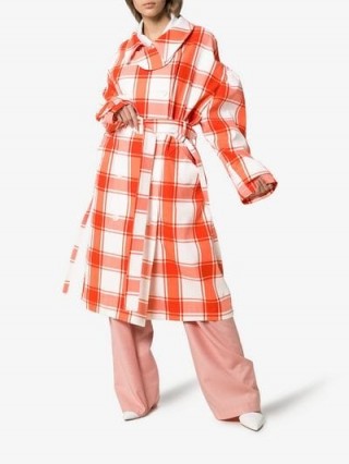 PushBUTTON Check-Print Puff-Sleeve Trench Coat in Red and White