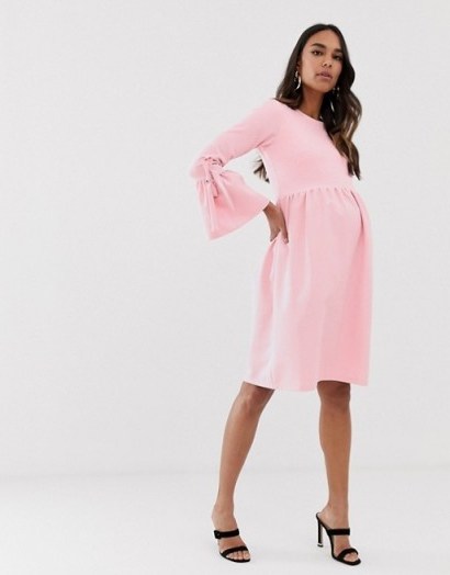 Queen Bee skater dress with fluted sleeve in pink – pretty maternity fashion - flipped