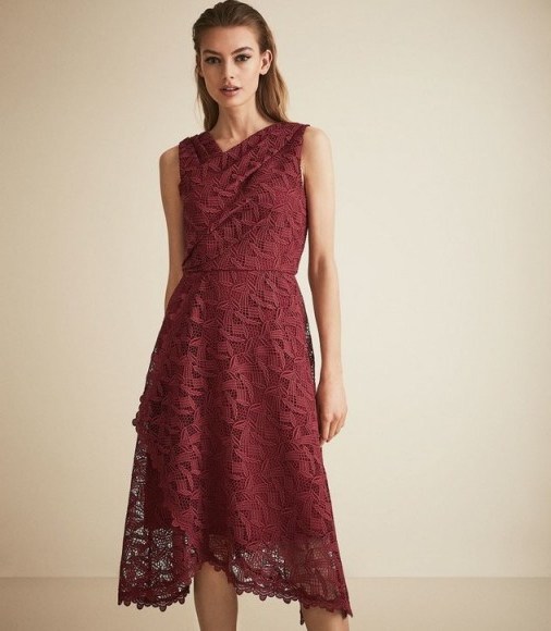 Dark red occasion dresses ~ REISS RAYNA WRAP FRONT LACE DRESS WINE BERRY - flipped
