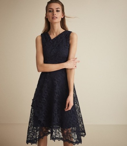 REISS RAYNA WRAP FRONT LACE DRESS NAVY ~ feminine blue event dresses - flipped