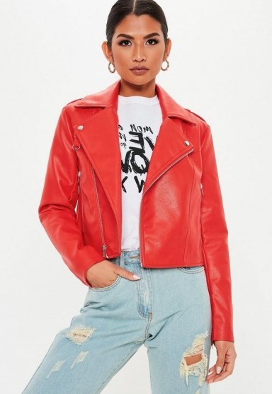 MISSGUIDED red faux leather biker jacket – pop of colour - flipped