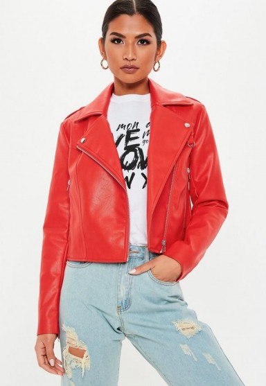 MISSGUIDED red faux leather biker jacket – pop of colour