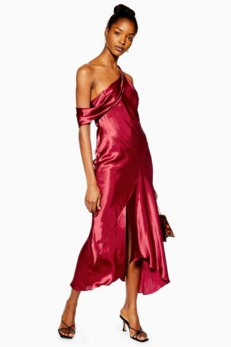 TOPSHOP Red One Shoulder Satin Midi Dress / shiny & silky fabrics / vintage style evening fashion - flipped