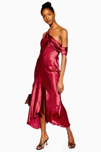 TOPSHOP Red One Shoulder Satin Midi Dress / shiny & silky fabrics / vintage style evening fashion