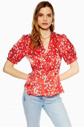 TOPSHOP Red Pleated Dalmation Print Blouse - flipped