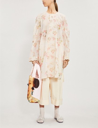 RENLI SU Puffed-sleeve floral-print cotton-blend mini dress in abricot print ~ feminine summer tunic - flipped