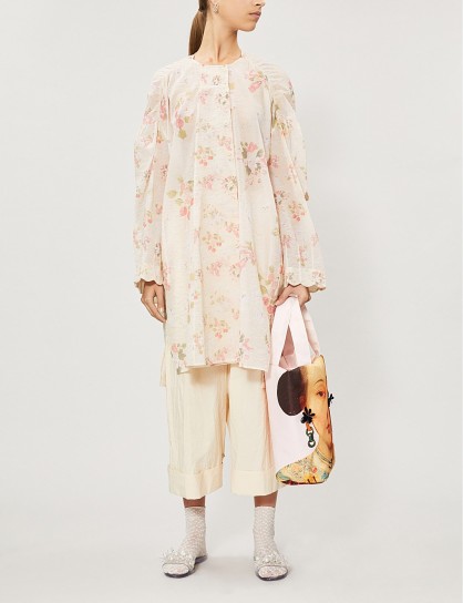 RENLI SU Puffed-sleeve floral-print cotton-blend mini dress in abricot print ~ feminine summer tunic