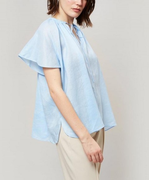 JOSEPH Rita Silk Tie-Neck Top in Pale Blue | flutter sleeve tops - flipped