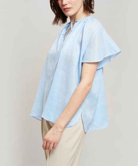 JOSEPH Rita Silk Tie-Neck Top in Pale Blue | flutter sleeve tops