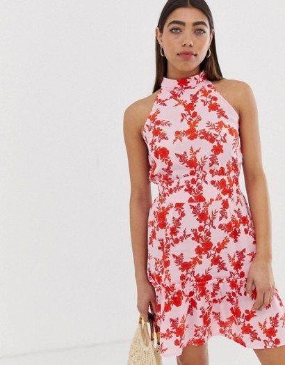 River Island high neck dress in mixed floral print in pink