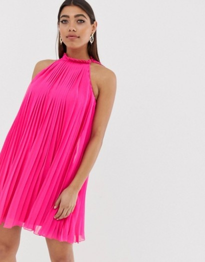River Island pleated swing dress in bright pink | sleeveless high neck party dresses