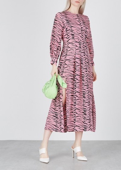 RIXO Emma tiger-print silk midi dress in pink / wild animal print dresses - flipped