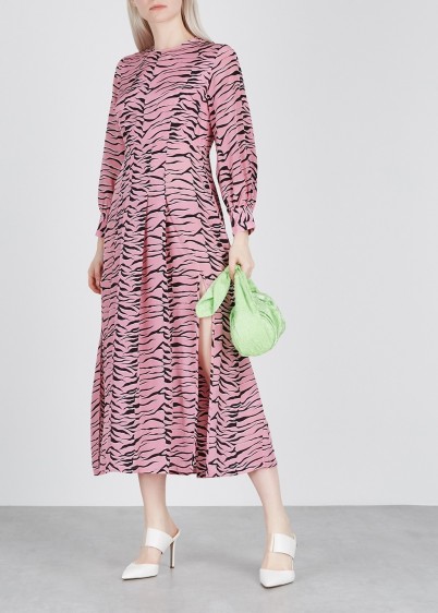 RIXO Emma tiger-print silk midi dress in pink / wild animal print dresses