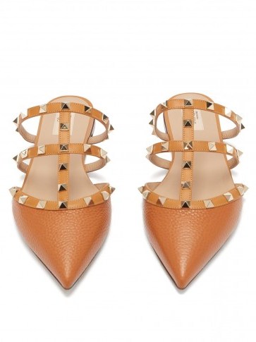 VALENTINO Rockstud caged grained-leather mules in tan - flipped