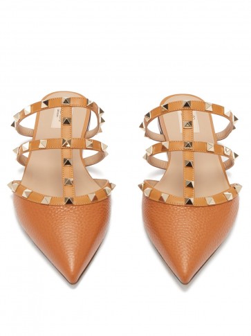 VALENTINO Rockstud caged grained-leather mules in tan