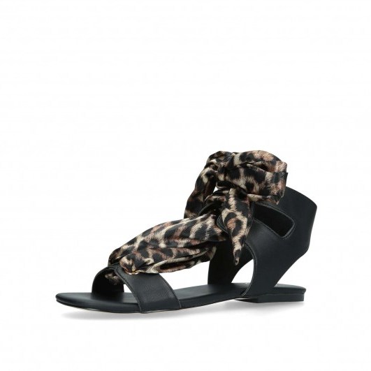 KG KURT GEIGER ROSE Black Sandals With Leopard Print Ties / animal flats - flipped