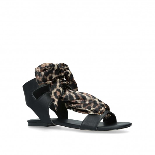KG KURT GEIGER ROSE Black Sandals With Leopard Print Ties / animal flats