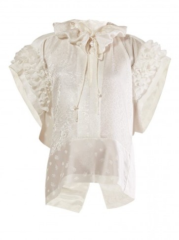 CHLOÉ Ruffled paisley-jacquard silk blouse in white - flipped