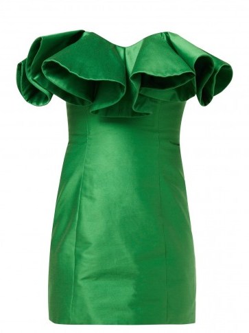 ATTICO Ruffle-trim cotton-blend bustier dress in green ~ taffeta mini - flipped